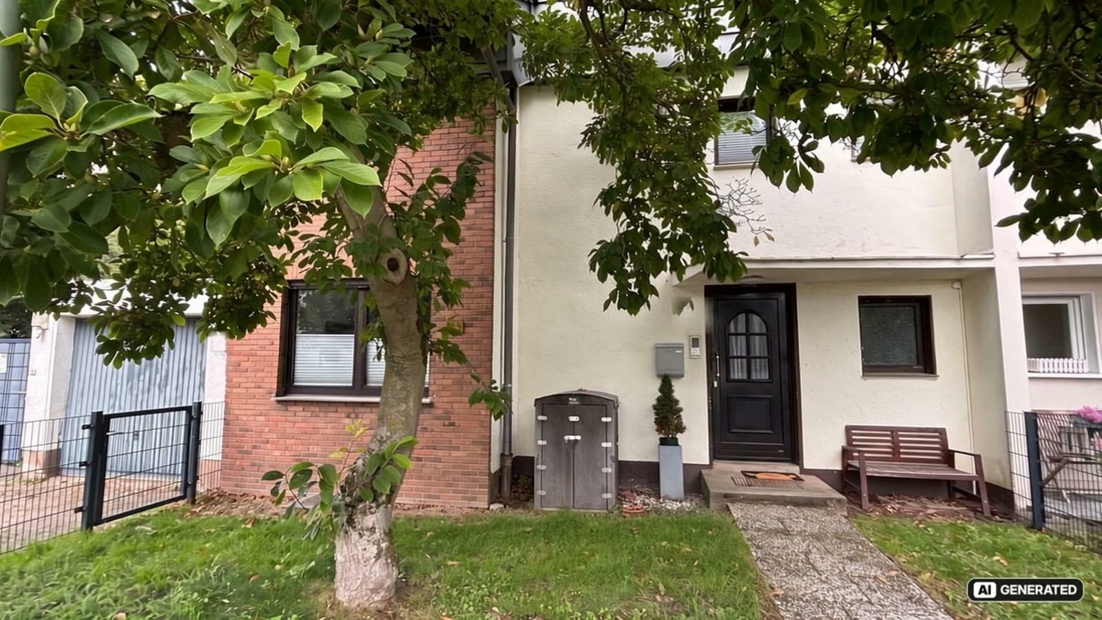 Außenansicht eines Reihenhauses mit Baum und Vorgarten