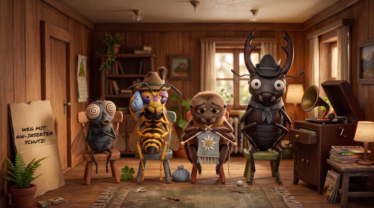 Warteraum mit Fliege, Wespe, Spinne und Hirschkäfer