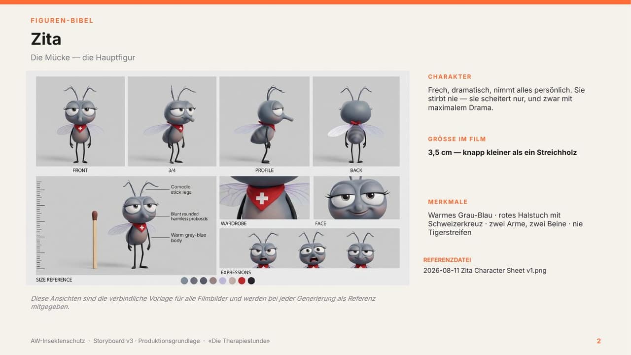 Storyboard AW Insektenschutz: Figurenbogen der Mücke Zita