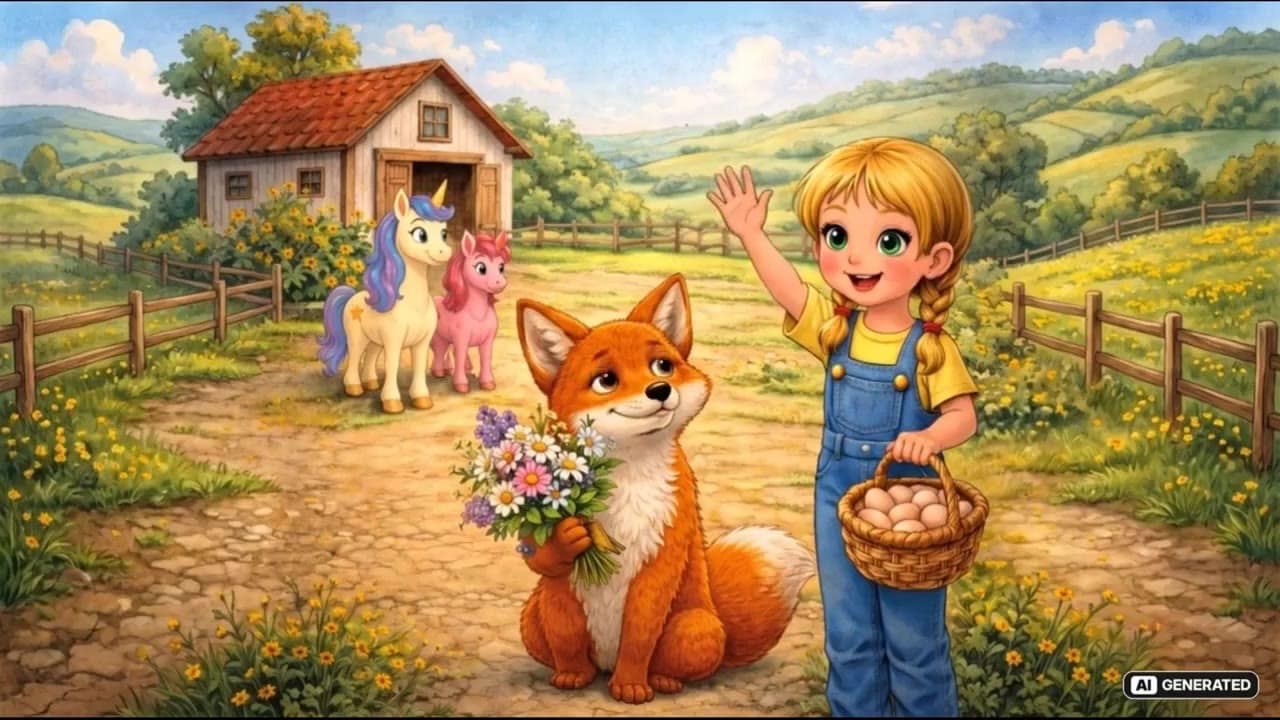 Romy mit Fuchs und zwei Ponys vor dem Bauernhof